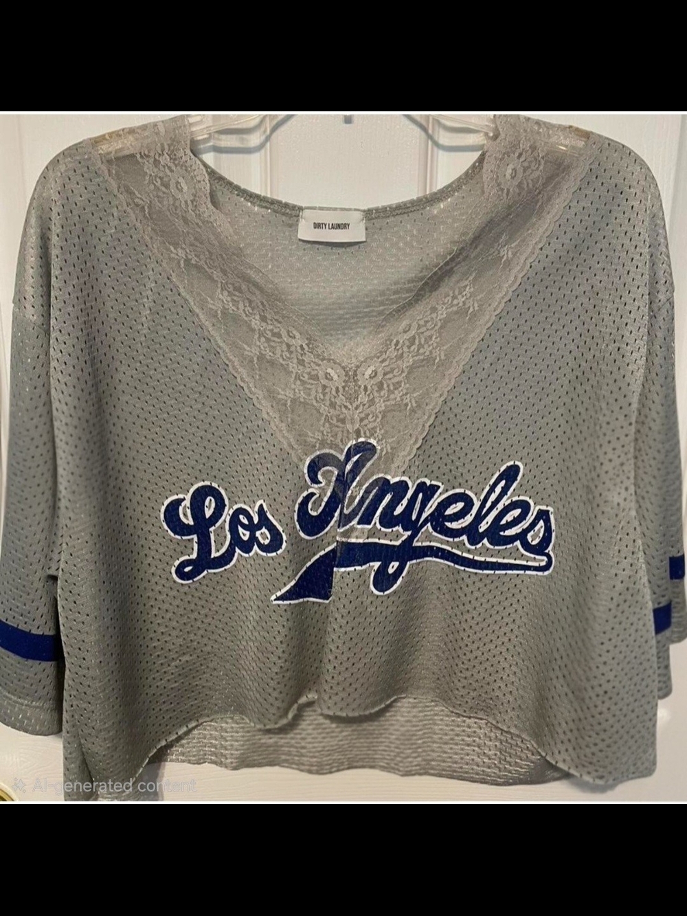 Dirty Laundry Gray Lace-Trim Mesh Crop Top with Blue 'Los Angeles' Applique